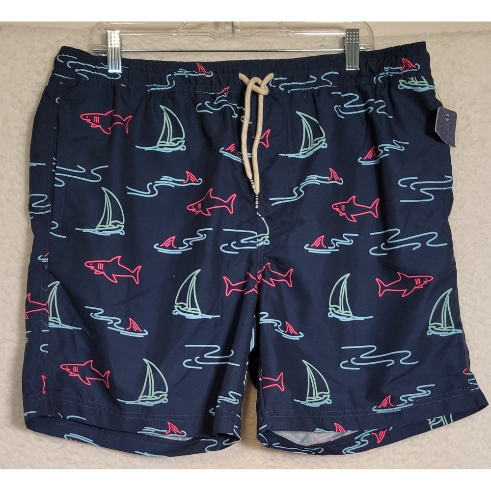 Trinity Coast Mens Swim Trunks Size Large Navy Blue NEW NWT Sailboat Shark 1516